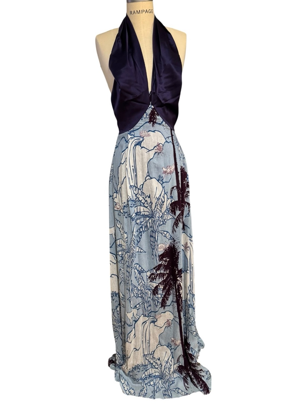 CHOCOLATE BOSSA POR ADRIANA BARRA SILK HALTER GOWN BRAZILIAN RAINFOREST PRINT